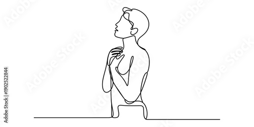 Single line drawing of a young man looking up with hands on chest in a thoughtful pose. isolated on white background, Vector, illustration