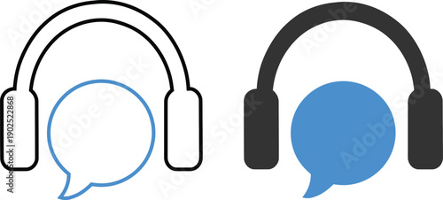 Customer support service icon with headphones and speech bubble, communication concept vector illustration.