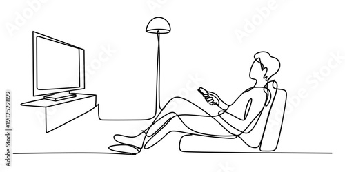Continuous line drawing of a person relaxing in a chair and watching television at home isolated on white background, Vector, illustration