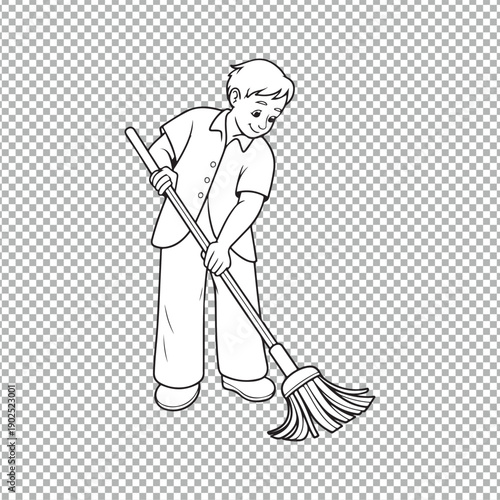 a drawing of a boy sweeping the floor, png