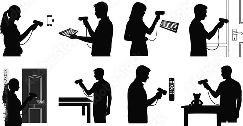 Black silhouettes of people using hair dryers on various phone keyboard