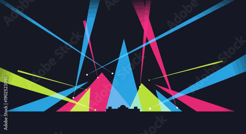 An impressive flat design illustration capturing the essence of a spectacular light show at Ultra Music Festival 2026, featuring dynamic laser beams and geometric projections.