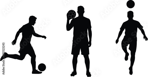 Soccer player silhouettes set showing dribbling, holding ball, and juggling football, black vector illustration isolated on white background for sports, training, fitness, teamwork concepts