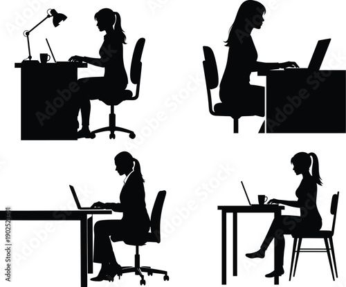 Silhouettes of people working at desks with computers and laptops