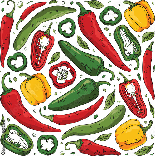 Colorful chili pepper vector set illustration on white background, chili pepper icon set.peppers slice on transparent background.
