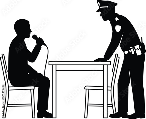 Police interrogation silhouette, suspect seated with microphone, officer leaning over table, law enforcement interview concept, criminal investigation, questioning scene, legal justice illustration