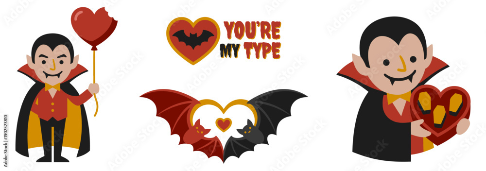 Fototapeta premium Cute Dracula Vampire Valentine Cartoon Character Set Romantic Halloween Love Heart Bat Funny Gothic Couple Illustration flat vector illustration