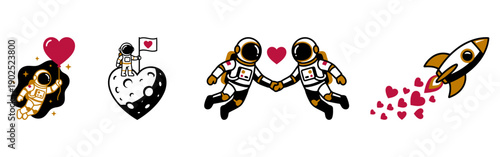 Cute Astronaut Valentine Love Set with Space Romance Couple Heart Balloon Moon Flag Rocket and Cosmic Relationship Theme flat vector illustration