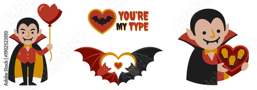 Cute Dracula Vampire Valentine Cartoon Character Set Romantic Halloween Love Heart Bat Funny Gothic Couple Illustration flat vector illustration