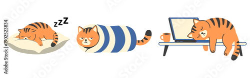 Lazy Orange Cat Sleeping and Slipping Cartoon Set with Cozy Pillow Laptop Desk and Cute Funny Pet Poses flat vector illustration