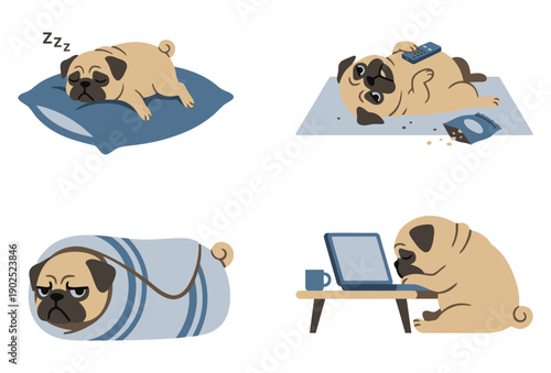Cute Lazy Pug Dog Lifestyle Set Sleeping Relaxing Watching Television Wrapped In Blanket Working On Laptop Cartoon flat vector illustration