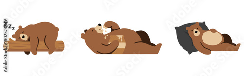 Cute Sleeping Bear Cartoon Set Lazy Relaxing Bear Character Lying Sleeping Resting Animal Illustration Wildlife Funny Concept flat vector illustration