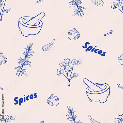 Seamless pattern with spices and seasonings, ingredients