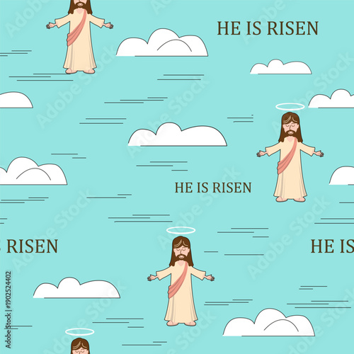 Seamless pattern He is risen, Easter, cross sky, cloud