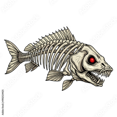 Skeleton carp fish with red eyes and sharp teeth vector illustration on white background