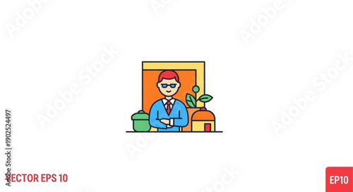 Man in suit with plants and greenhouse illustration.