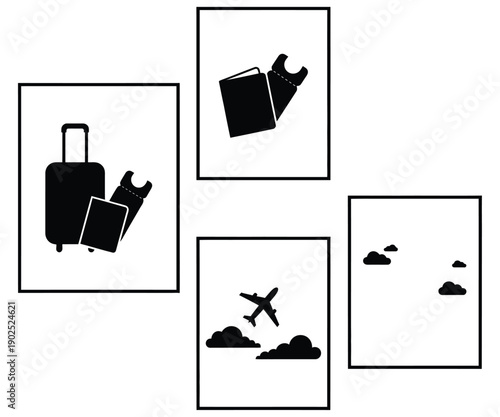 Vector set of minimalist travel wall art posters with suitcase and airplane icons.
