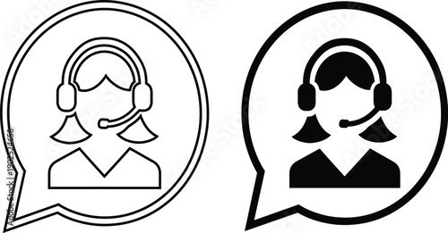 Customer support agent icon set with headset in speech bubble, female telemarketing assistant vector illustration.