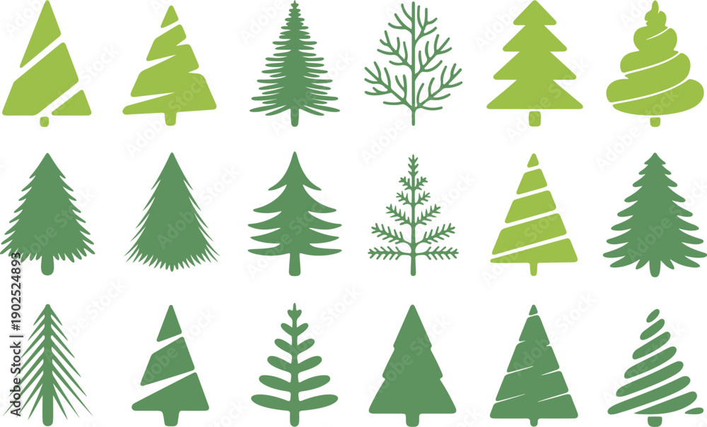 Obraz premium Set of green pine tree silhouettes vector illustration collection for forest nature and winter season holiday design elements isolated on transparent grid background pack