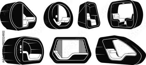 Futuristic sleeping pods in different angles and shapes capsule beds black and white