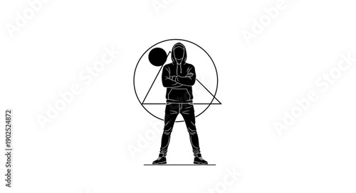 Figure in protective suit standing in front of geometric shapes.