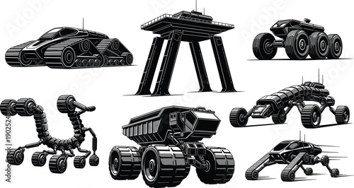 Futuristic robotic vehicles and structures in black and white robots technology