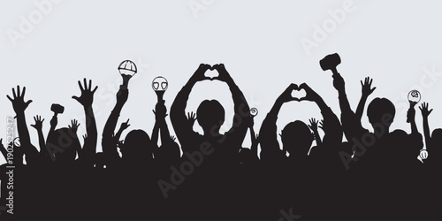 Silhouette of a cheering crowd with hands raised and heart shapes formed, celebrating at an event.