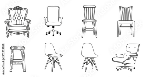 Collection of diverse chair designs in sketch style.