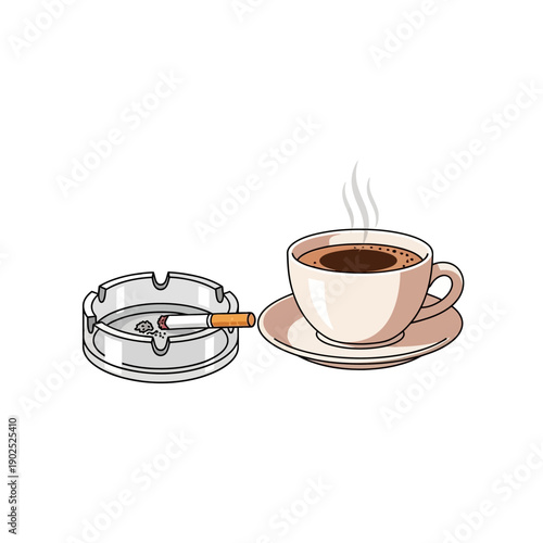 Coffee cup and lit cigarette in ashtray, morning routine, isolated illustration