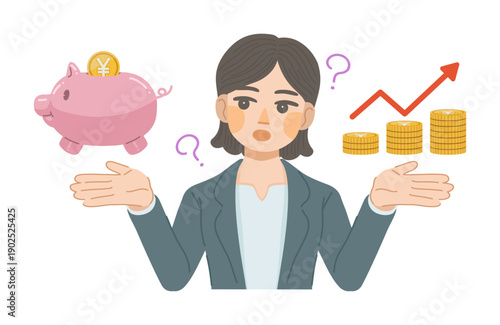スーツ姿の女性が、どうすれば貯蓄が増えるのかを考えているイラスト