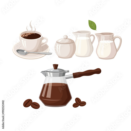 Coffee Break Set: Hot Coffee Cup, Cezve, Creamers, Sugar Bowl, Beans, Leaf