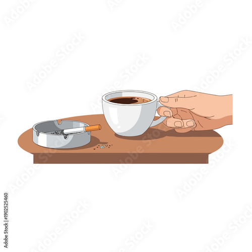 Hand Holding Coffee Cup Next to Ashtray with Cigarette on Table