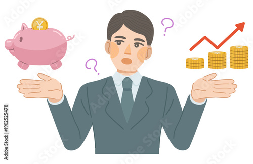 スーツ姿の男性が、どうすれば貯蓄が増えるのかを考えているイラスト