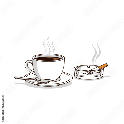 Hot coffee cup with smoking cigarette in ashtray on white background, illustration.
