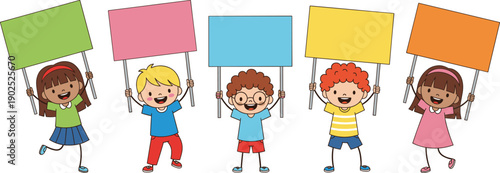 Happy children holding blank protest signs illustration, diverse cartoon kids with colorful placards isolated on light background