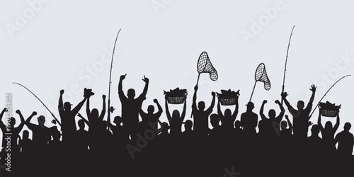 Silhouette of a crowd celebrating with fishing nets and baskets, symbolizing a successful catch or event.