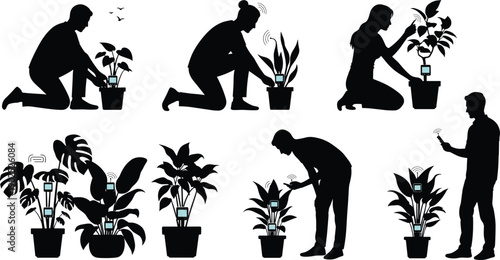 Silhouette of people interacting with potted plants and smartphones