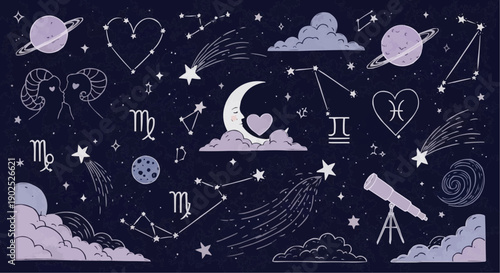 Astrology symbols and celestial elements in space with stars planets and zodiac signs