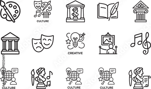  Culture web icon set in line style with art, museums, literature, movie, theater and architecture.