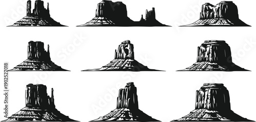 Desert rock formation silhouettes collection, canyon and mesa landscape vector set, western nature cliffs isolated in black for travel and design