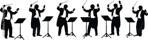 Five Conductors with Batons Standing in Front of Music Stands silhouette black and white