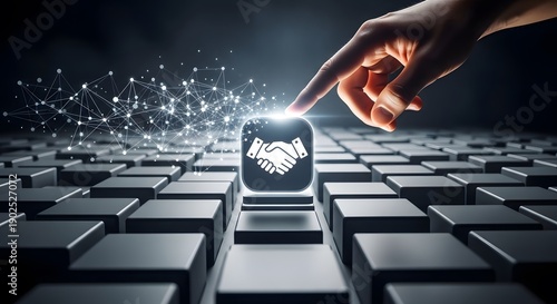 Digital handshake: A close-up shot features a hand touching a digital handshake icon on a keyboard, symbolizing the moment of a deal, deal with modern digital technology. 