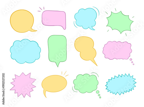 Colorful hand drawn speech bubbles set. pastel comic thought balloons collection. doodle talk clouds and scream boxes for social media.