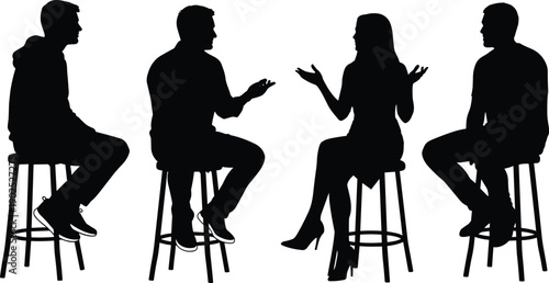 Four people sitting on stools in silhouette having a conversation