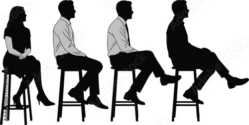 Four people sitting on stools in silhouette black and white