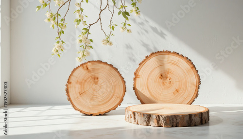 Double Wooden Podium with Natural Tree Slices in Sunlit Interior