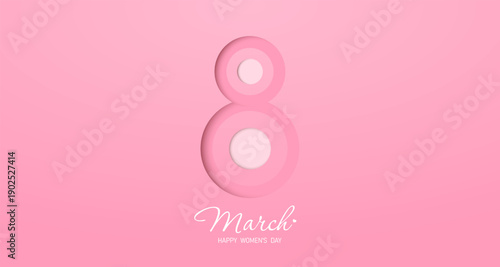 Minimalistic background on March 8, Happy Women's Day with the number 8 on a pink background. A banner dedicated to International Women's Day. Paper cutting style. Vector EPS 10.