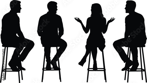 Four people sitting on stools in silhouette