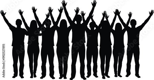 Group of Silhouette People Raising Hands in Celebration
