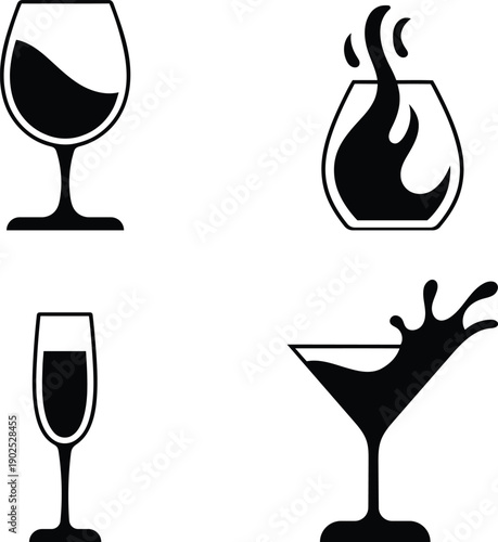 Set of four simple flat black icon illustrations of alcoholic beverages and drinks in glasses isolated on transparent background